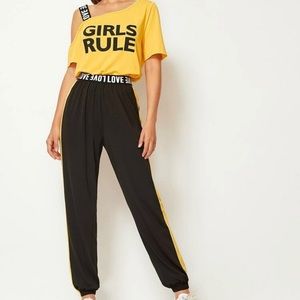Asymmetrical Neck Slogan Tee and Contrast Sideseam Pants Set
